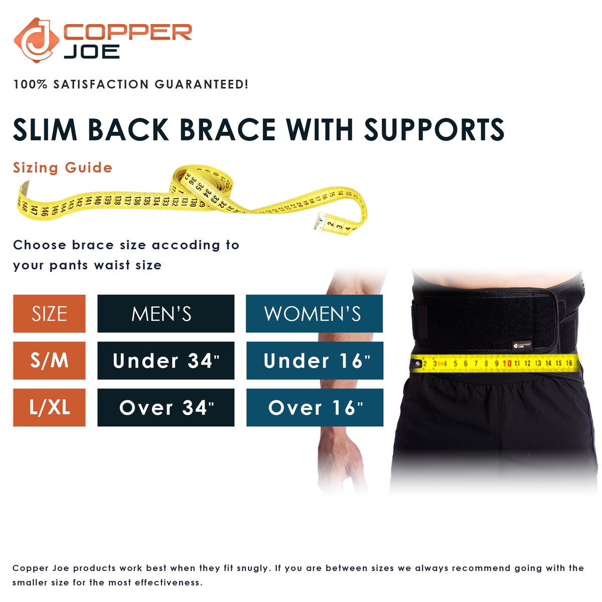 Copper Joe Back Brace for Lower Back Pain Relief, Back Support Belt Men and  Women With Adjustable Black Velcro Lumbar Support Belt for Sciatica - L/XL